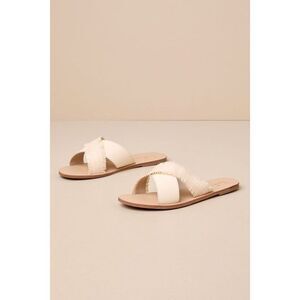 NWOT Lulus Haliea Bone Raffia Flat Slide Sandals White - Size 10